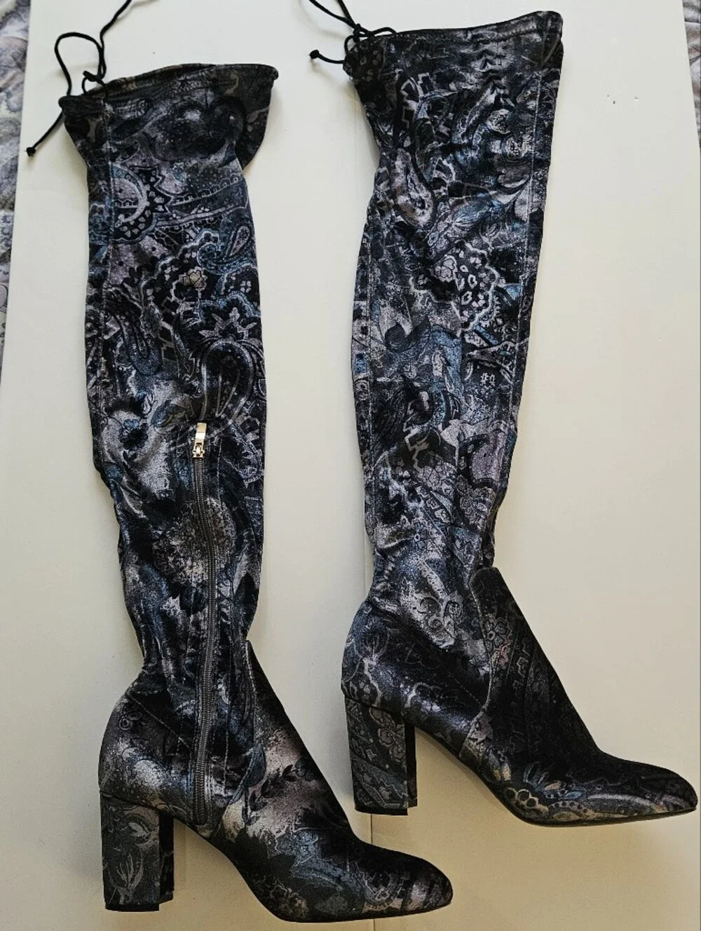 Paisley Over-the-Knee Stretch Boots in Black and Gray